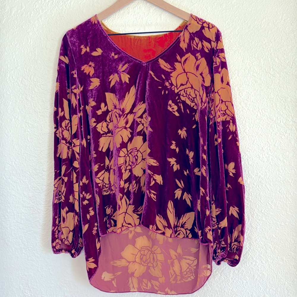 Johnny Was Purple and Gold Floral Velvet Blouse